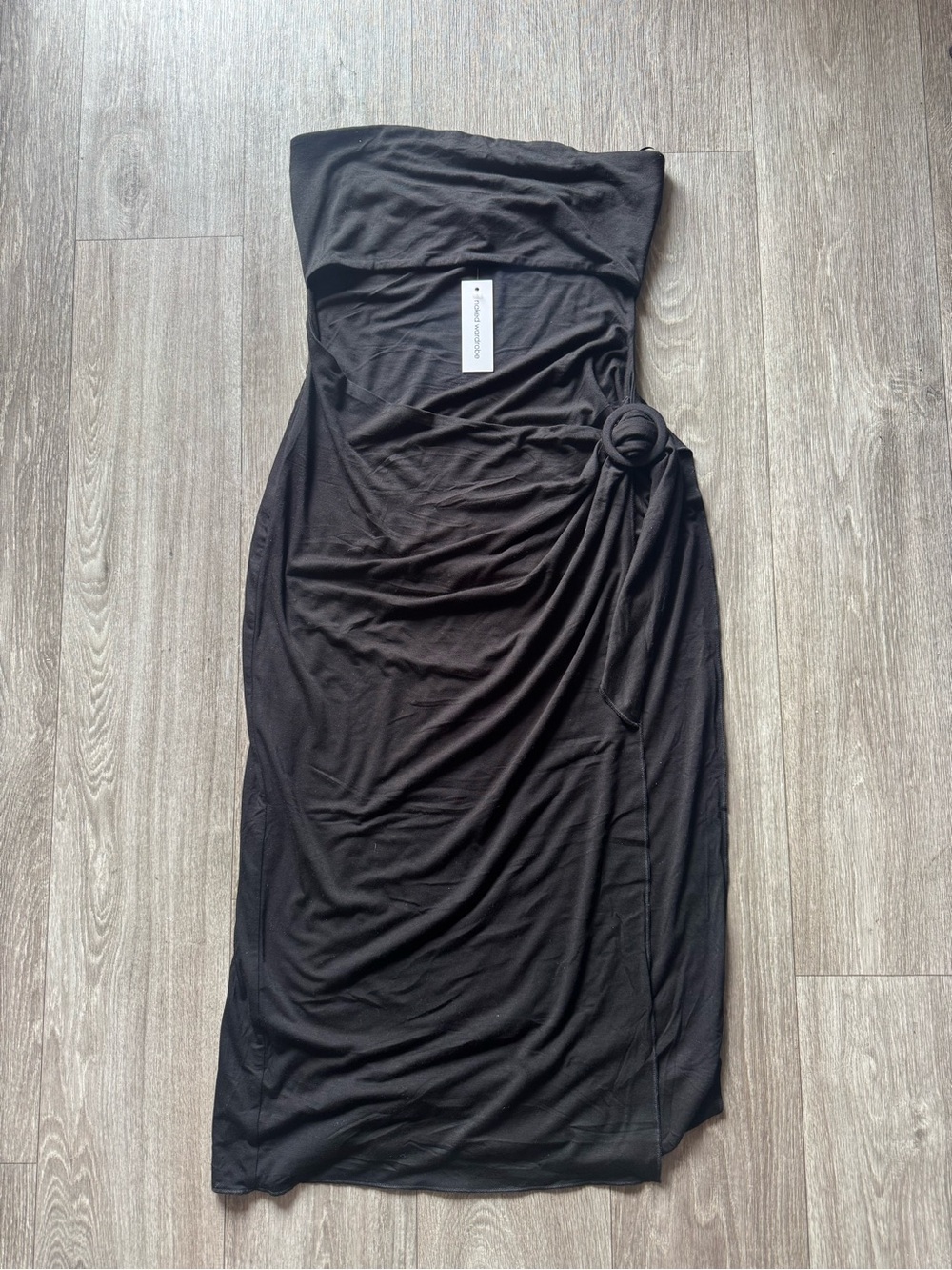 Naked Wardrobe Strapless Black Smooth Bandeau Midi Dress with Side Knot